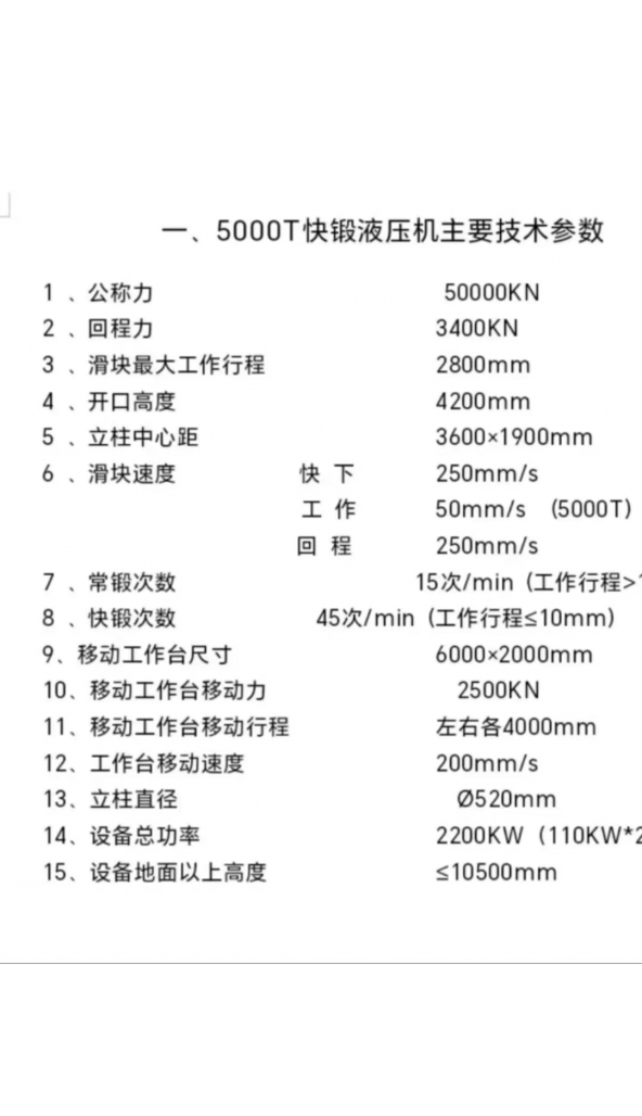 售5000吨快速自由锻液压机：1台，配套机械手